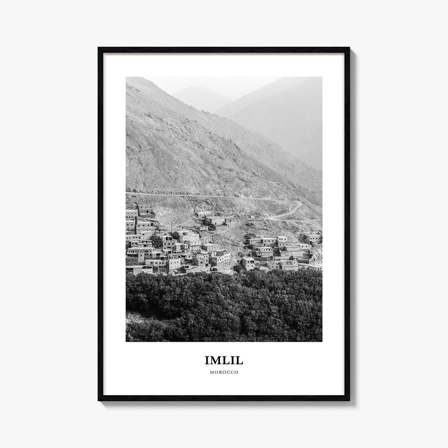 Imlil black & white classic poster of Morocco – vertical wall art, unframed print shown in interior mockup