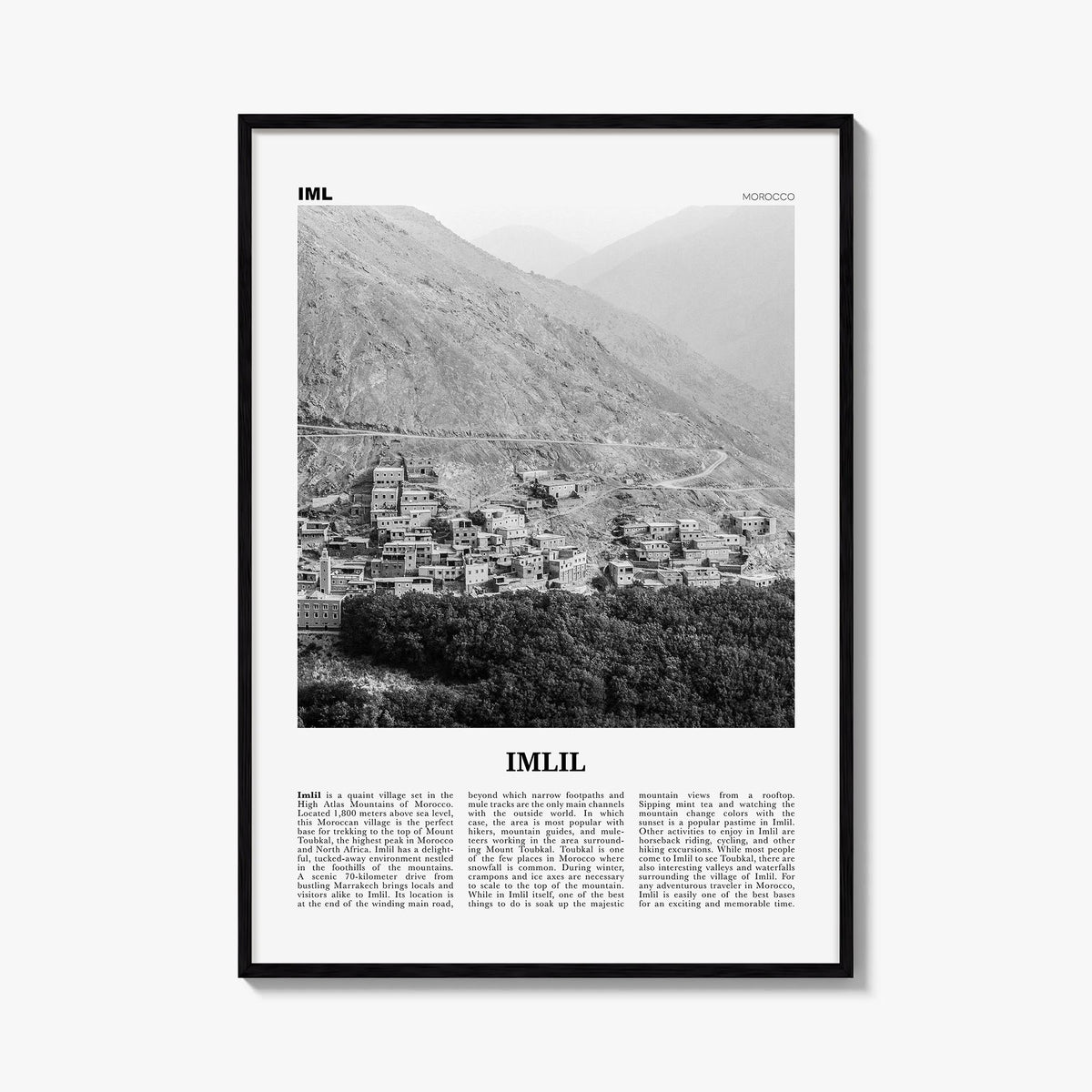 Imlil black & white newspaper poster of Morocco – vertical wall art, unframed print shown in interior mockup