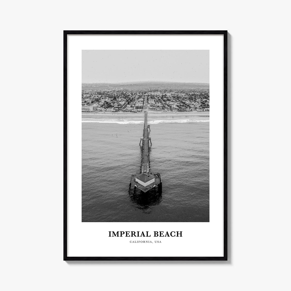 Imperial Beach black & white classic poster of California, USA – vertical wall art, unframed print shown in interior mockup
