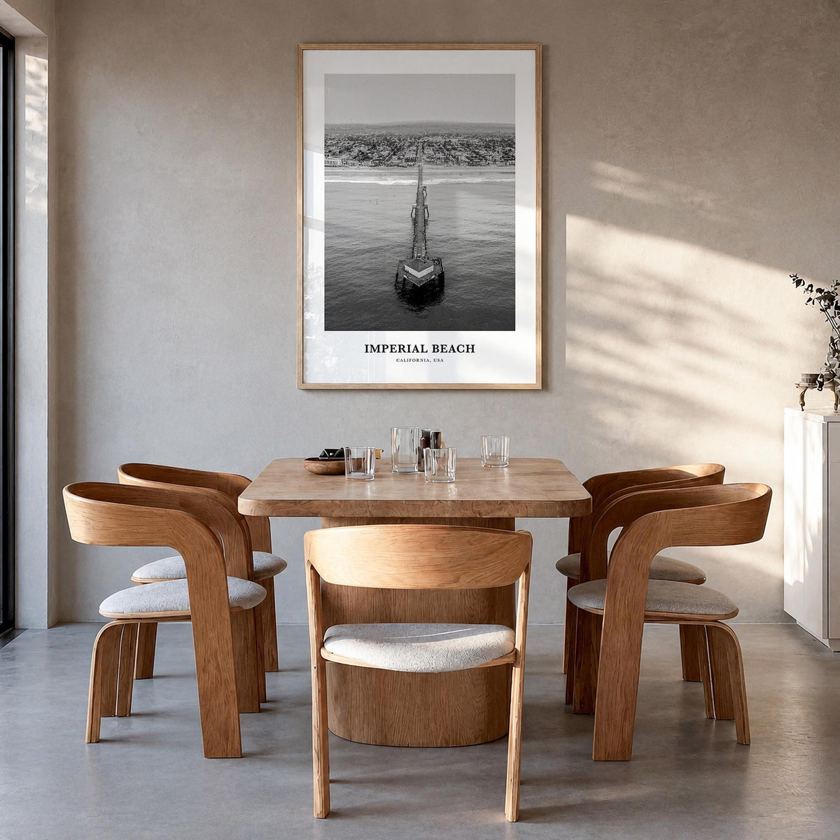 Imperial Beach black & white classic poster of California, USA – vertical wall art in natural wood frame, hanging on wall