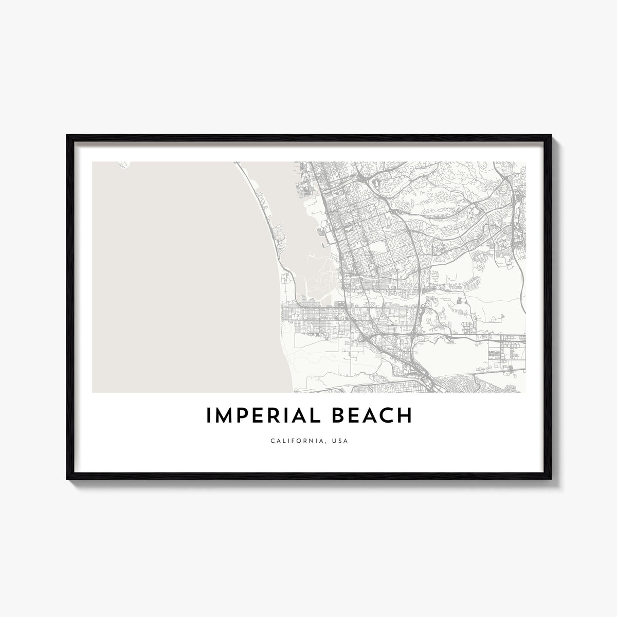 Imperial Beach black & white map poster of California, USA – horizontal wall art, unframed print shown in interior mockup