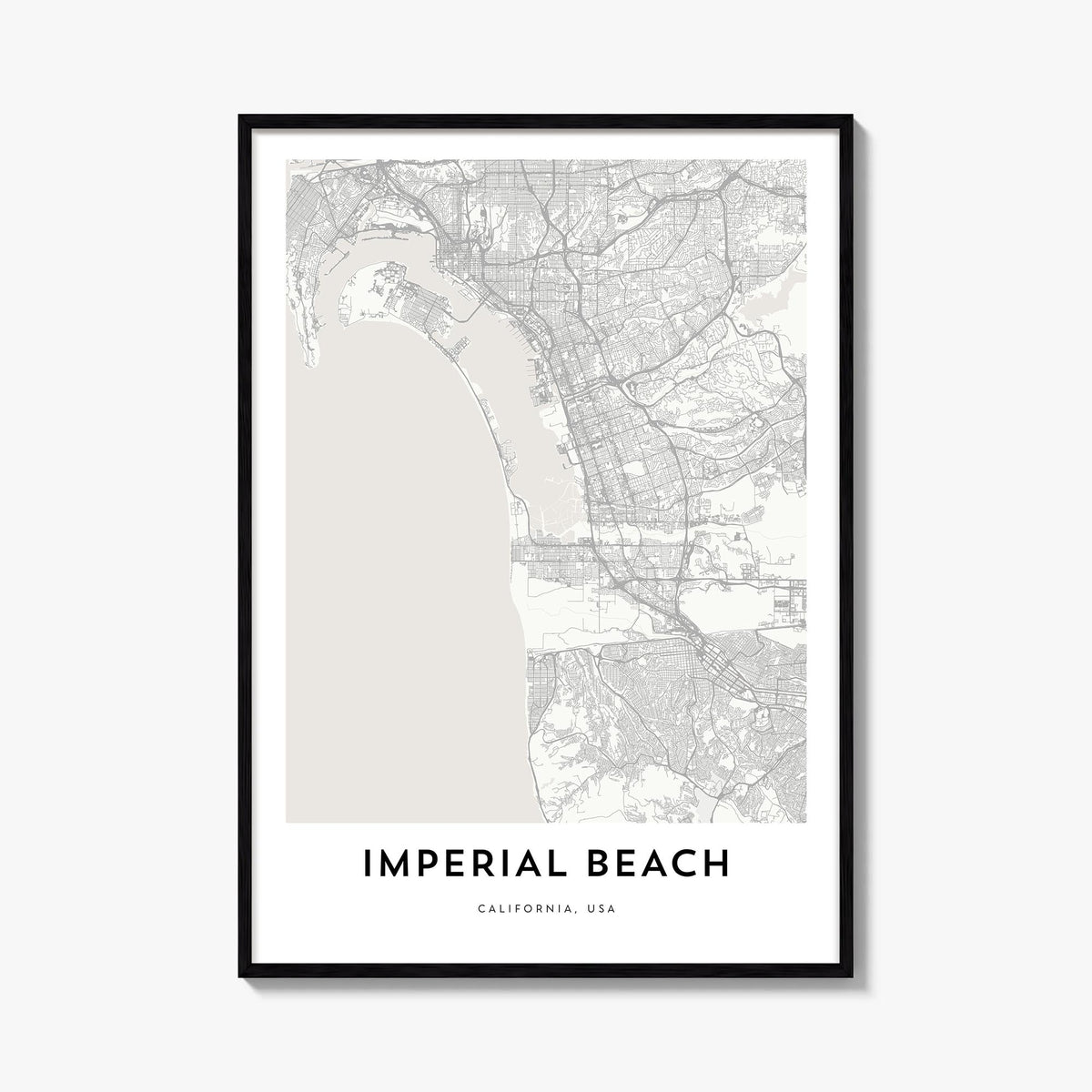 Imperial Beach black & white map poster of California, USA – vertical wall art, unframed print shown in interior mockup