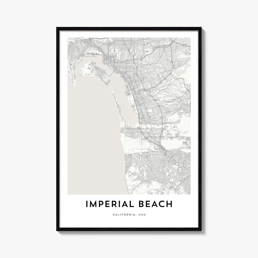 Imperial Beach black & white map poster of California, USA – vertical wall art, unframed print shown in interior mockup