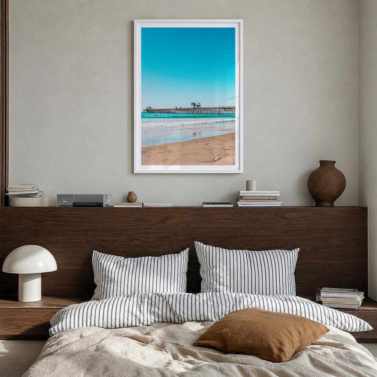 Imperial Beach colorful photo poster of California, USA – vertical wall art in white wood frame with white border, hanging on