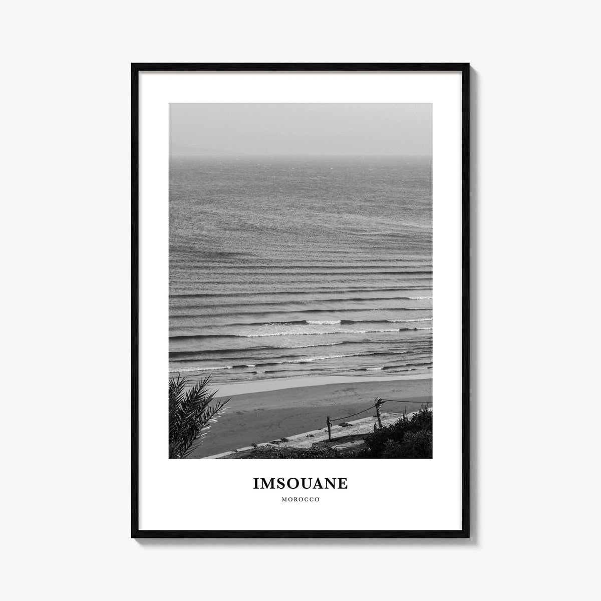 Imsouane black & white classic poster of Morocco – vertical wall art, unframed print shown in interior mockup