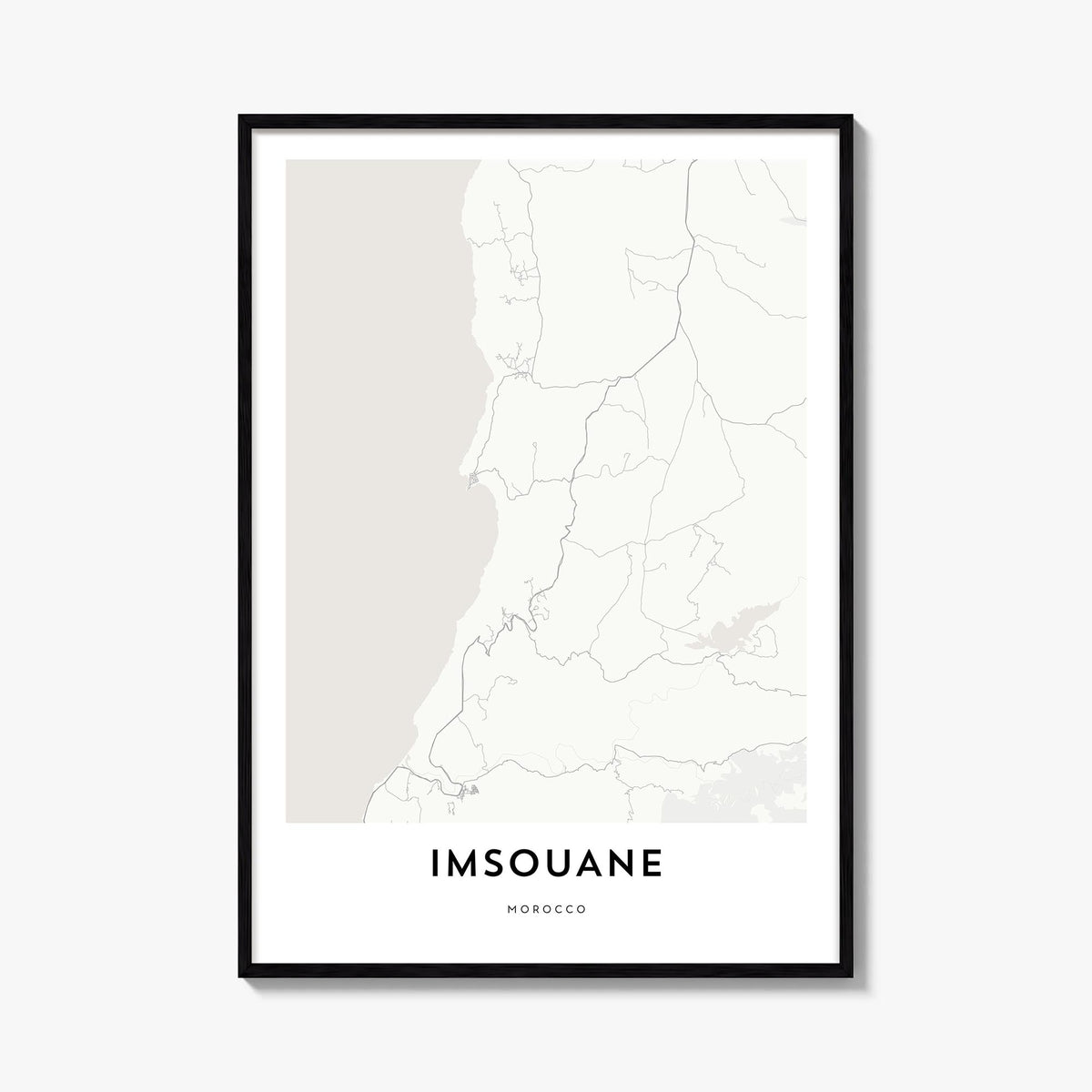 Imsouane black & white map poster of Morocco – vertical wall art, unframed print shown in interior mockup