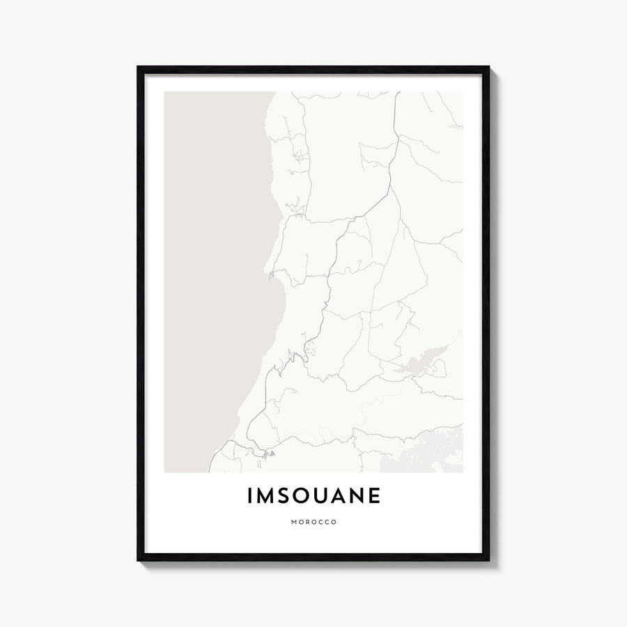 Imsouane black & white map poster of Morocco – vertical wall art, unframed print shown in interior mockup