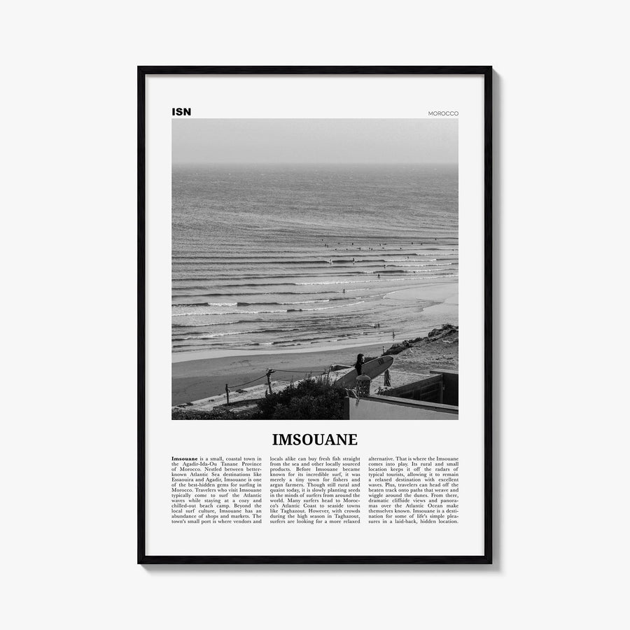 Imsouane black & white newspaper poster of Morocco – vertical wall art, unframed print shown in interior mockup