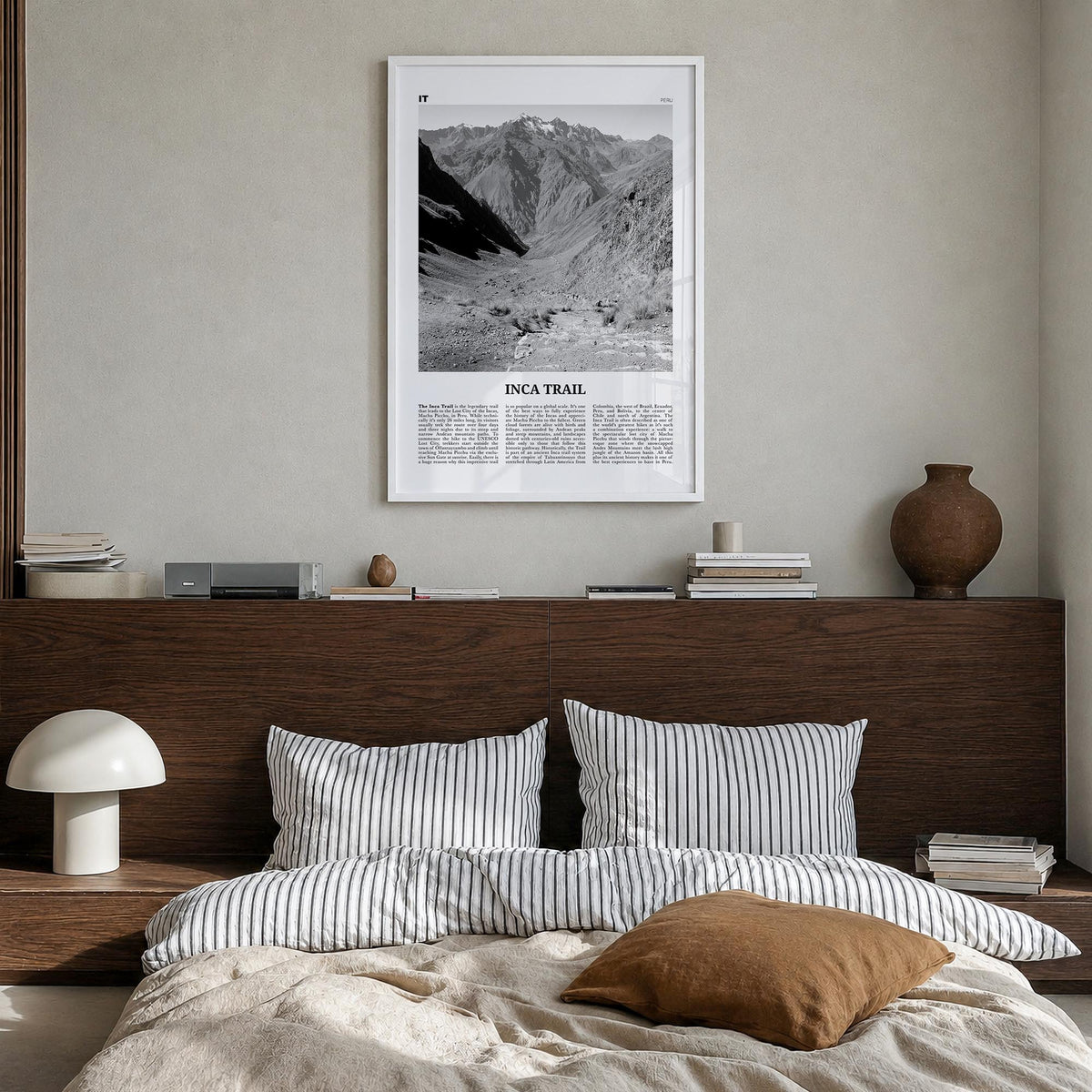 Inca Trail black & white newspaper poster of Peru – vertical wall art in white wood frame, hanging on wall