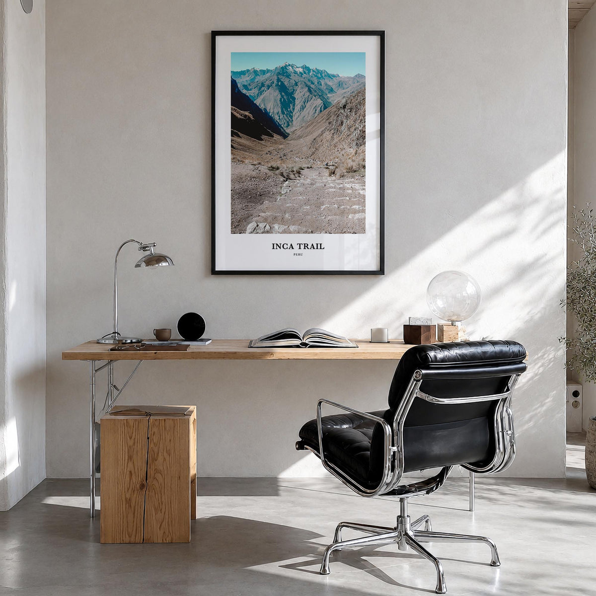 Inca Trail colorful classic poster of Peru – vertical wall art in black wood frame, hanging on wall