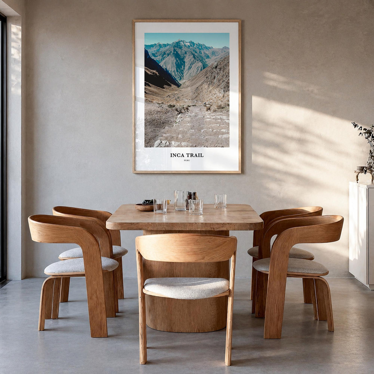 Inca Trail colorful classic poster of Peru – vertical wall art in natural wood frame, hanging on wall