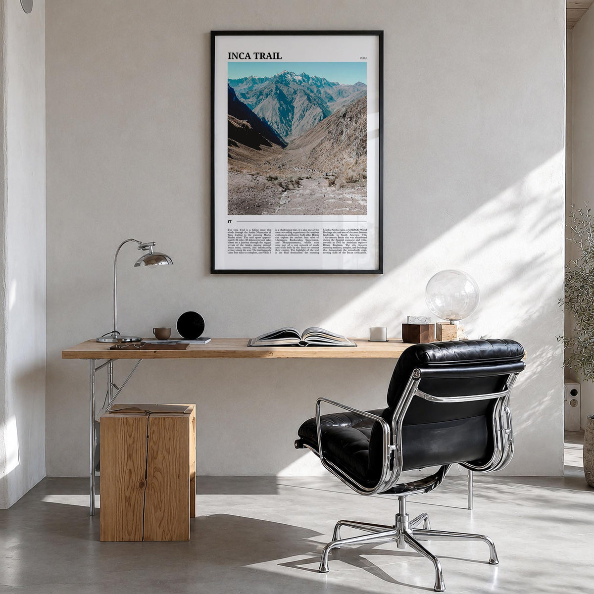 Inca Trail colorful travel poster of Peru – vertical wall art in black wood frame, hanging on wall