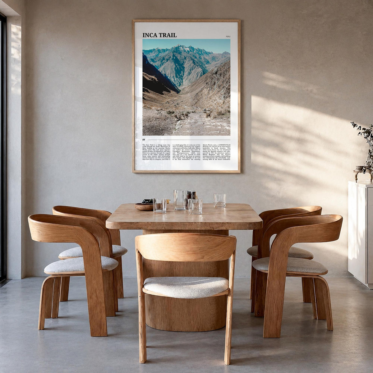 Inca Trail colorful travel poster of Peru – vertical wall art in natural wood frame, hanging on wall