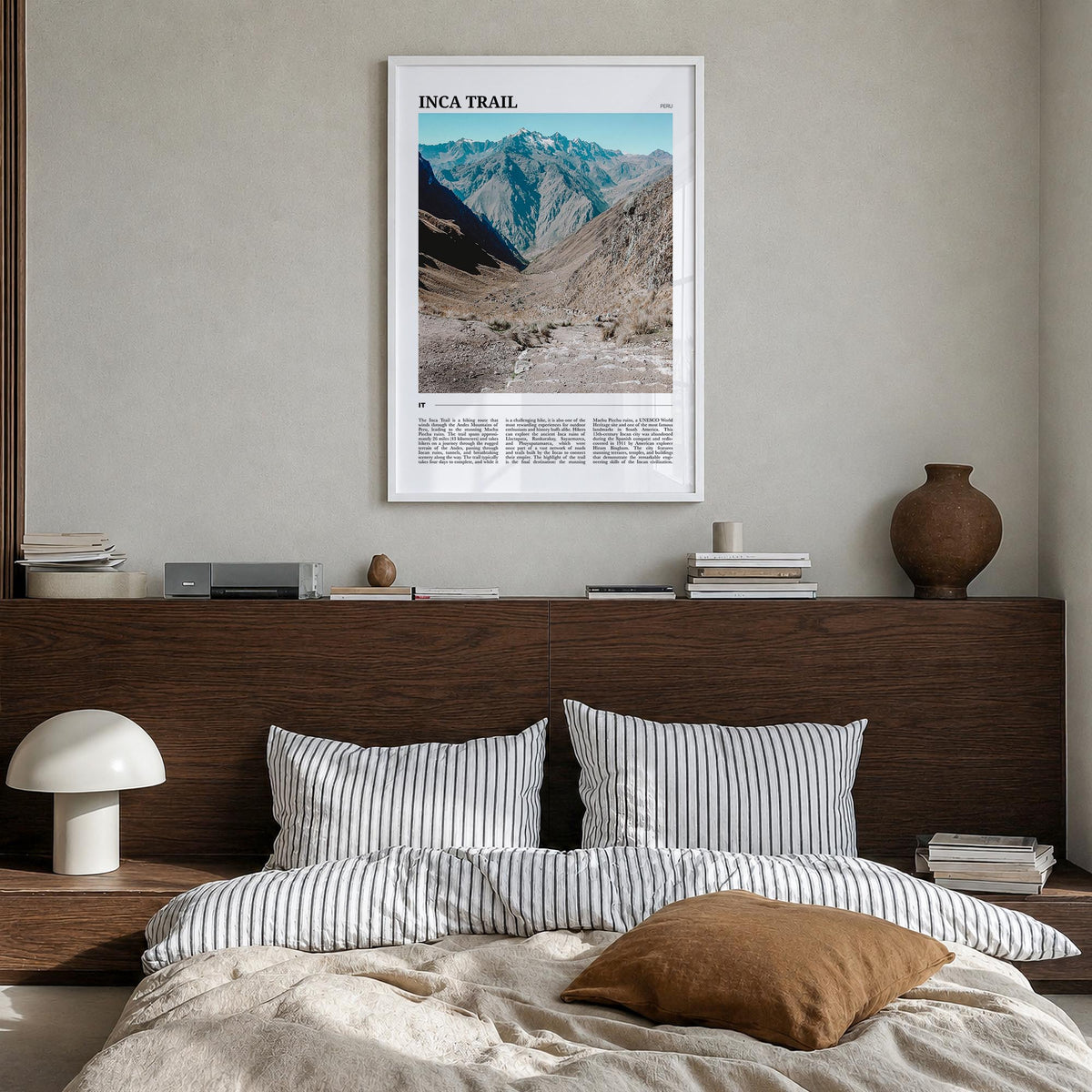 Inca Trail colorful travel poster of Peru – vertical wall art in white wood frame, hanging on wall