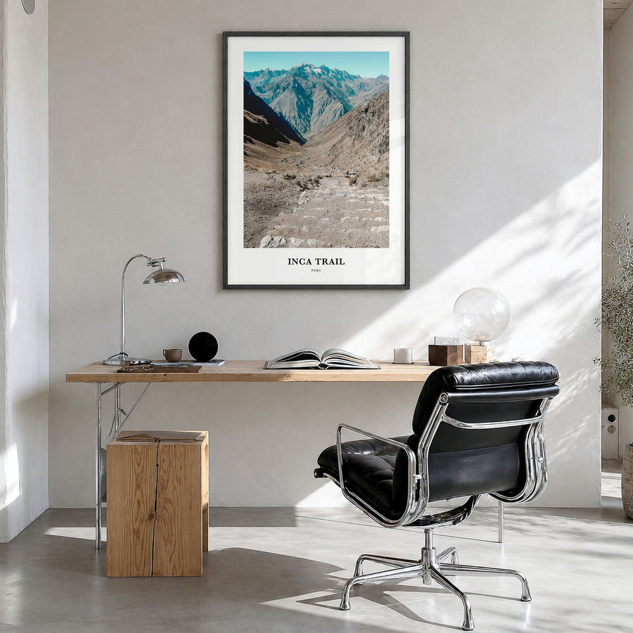 Inca Trail Classic Poster in a black wood frame, hanging in a bright home office