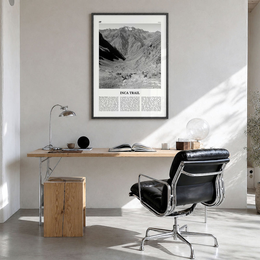 Inca Trail Newspaper Poster in a black wood frame, hanging in a bright home office