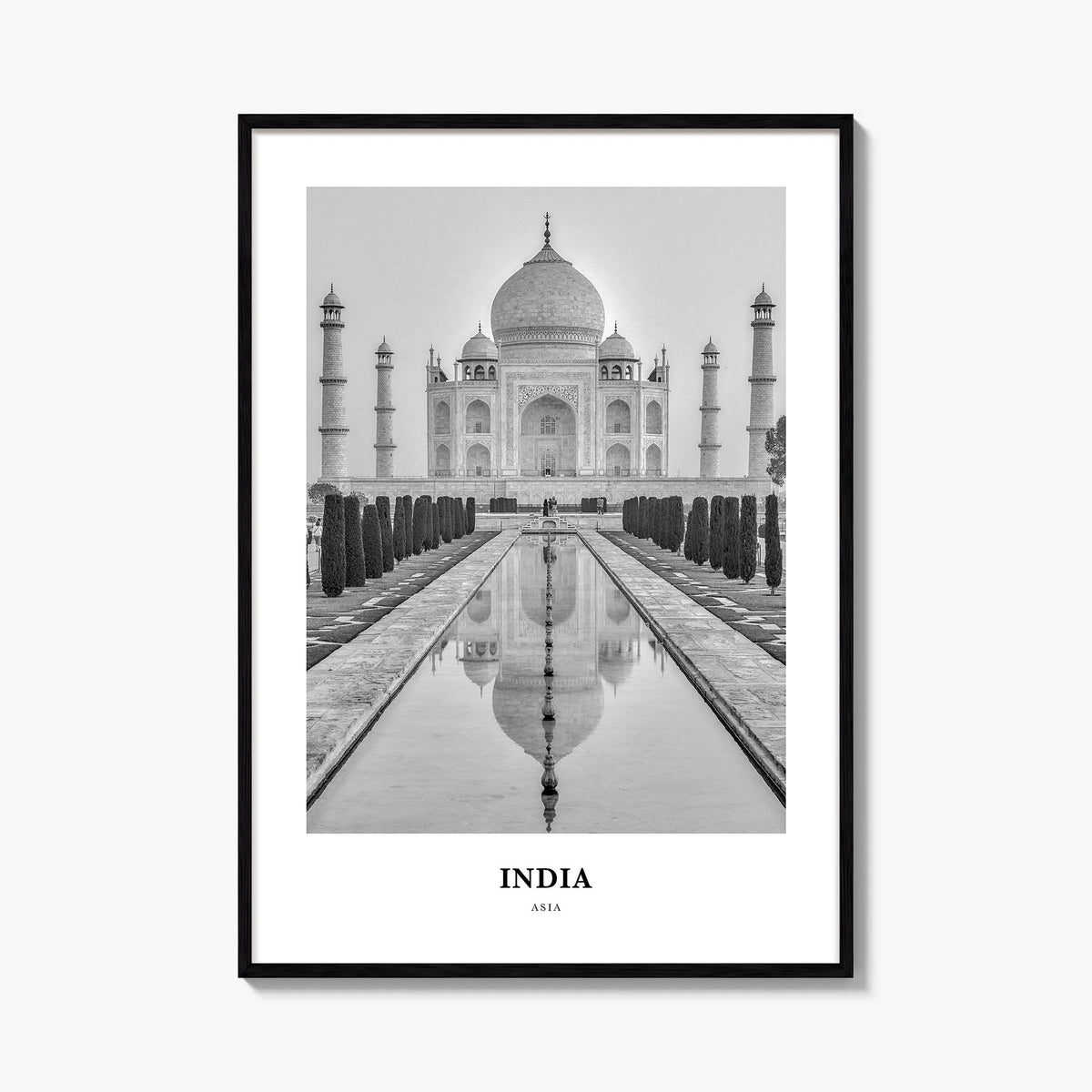 India black & white classic poster of Asia – vertical wall art, unframed print shown in interior mockup