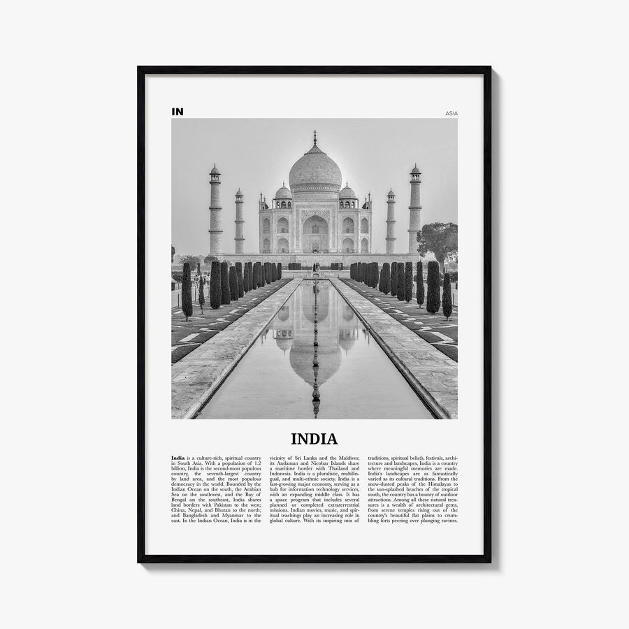 India black & white newspaper poster of Asia – vertical wall art, unframed print shown in interior mockup