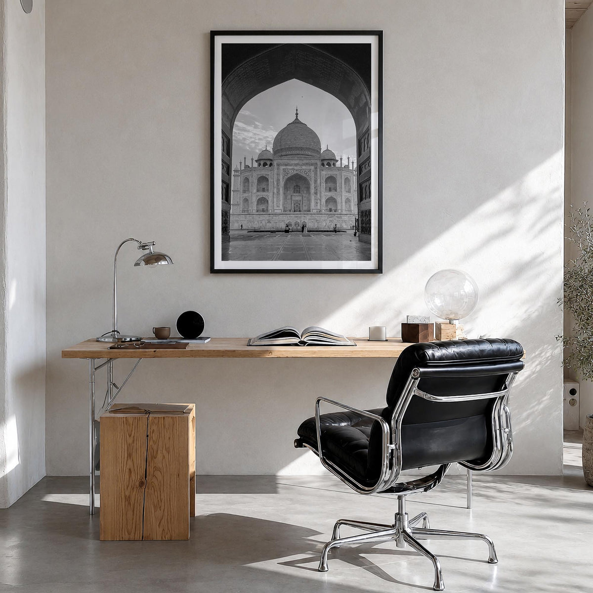India black & white photo poster of Asia – vertical wall art in black wood frame with white border, hanging on wall