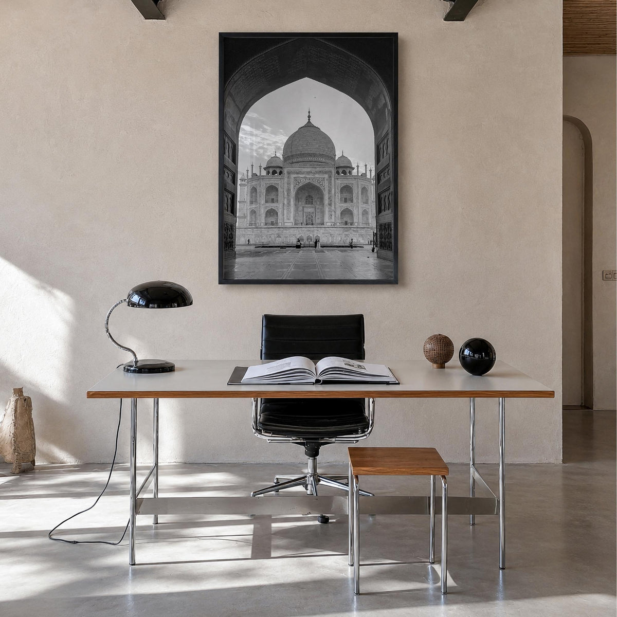 India black & white photo poster of Asia – vertical wall art in black wood frame, hanging on wall