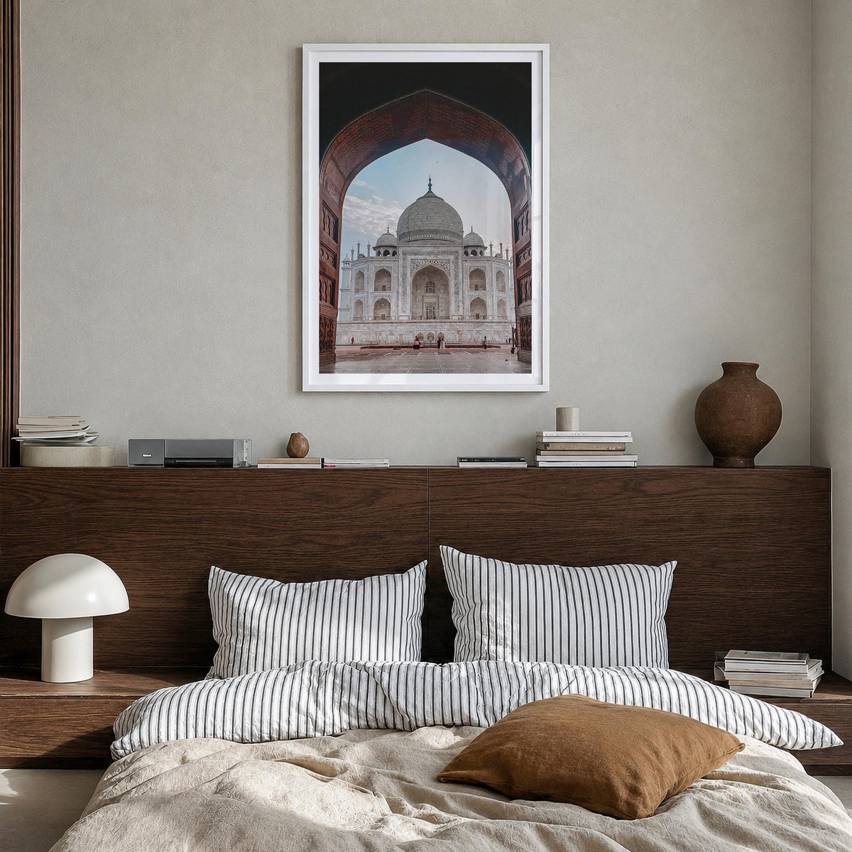 India no. 2 colorful photo poster of Asia – vertical wall art in white wood frame with white border, hanging on wall