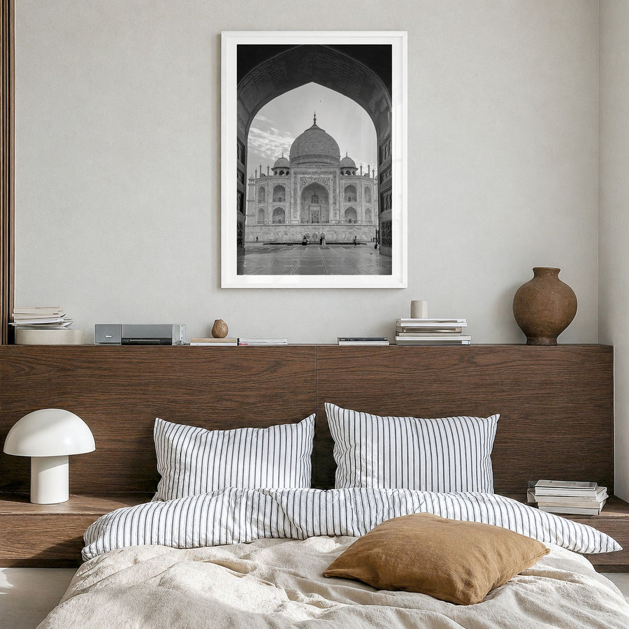India Photo Poster in a white wood frame, hanging in a bedroom, white border
