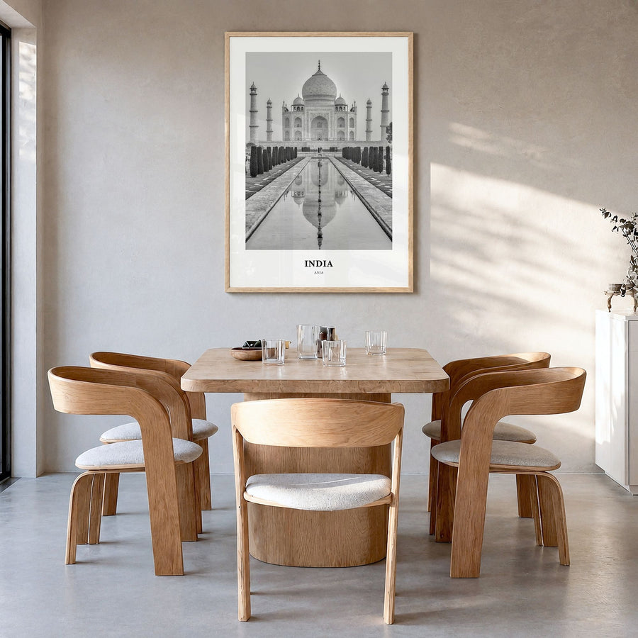 India Classic Poster in a natural wood frame, hanging in a dining room