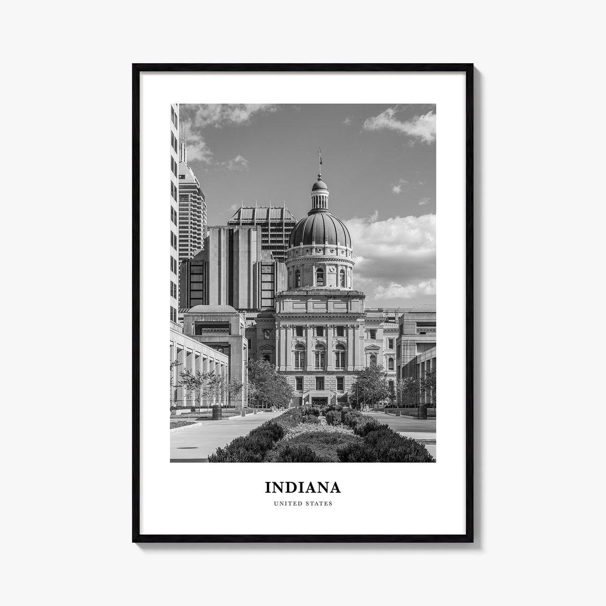 Indiana black & white classic poster of United States – vertical wall art, unframed print shown in interior mockup