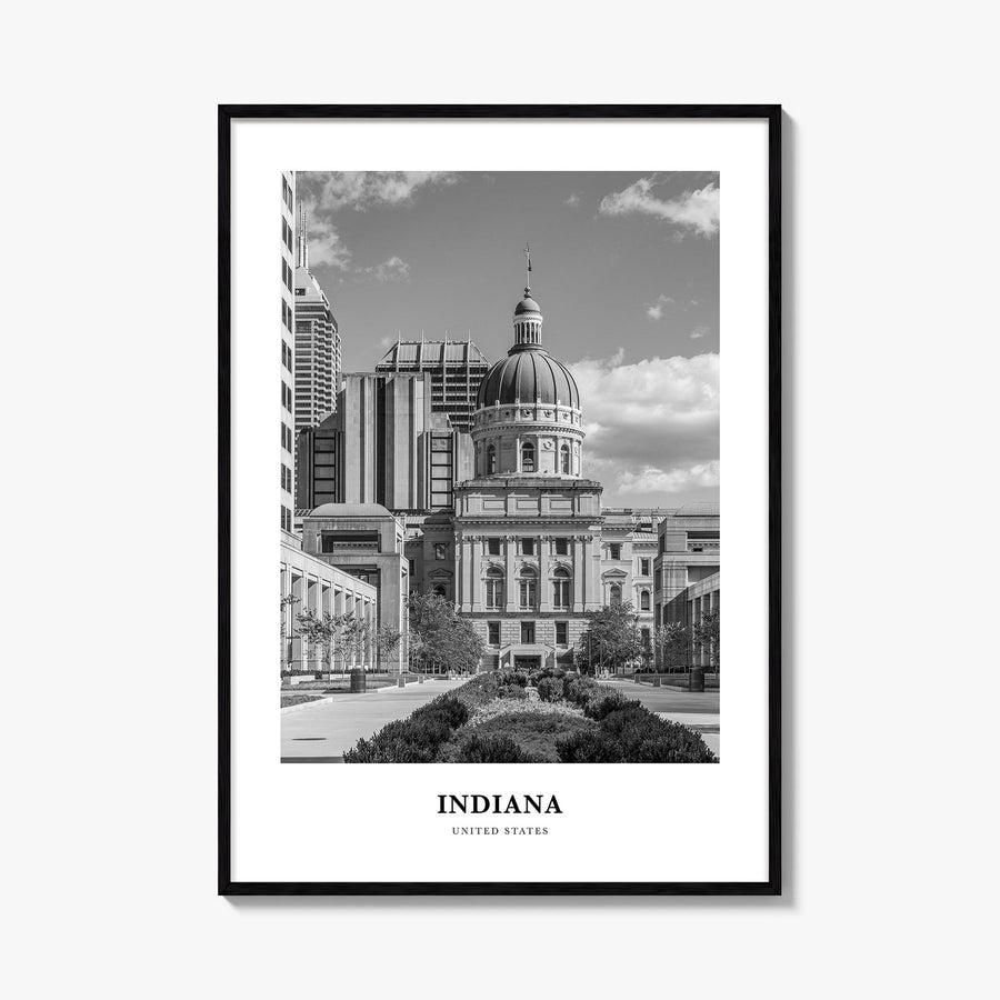 Indiana black & white classic poster of United States – vertical wall art, unframed print shown in interior mockup