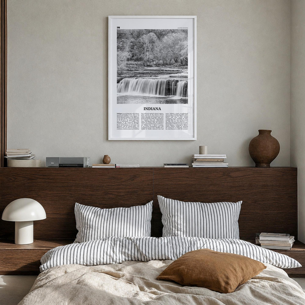 Indiana no. 1 black & white newspaper poster of United States – vertical wall art in white wood frame, hanging on wall