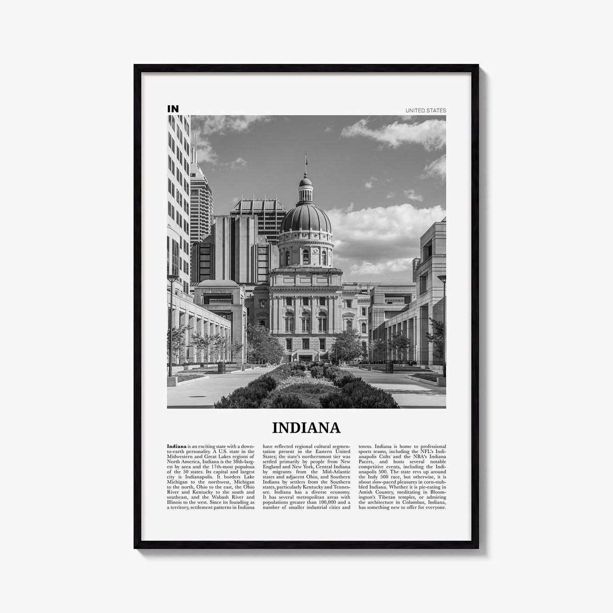 Indiana no. 2 black & white newspaper poster of United States – vertical wall art, unframed print shown in interior mockup