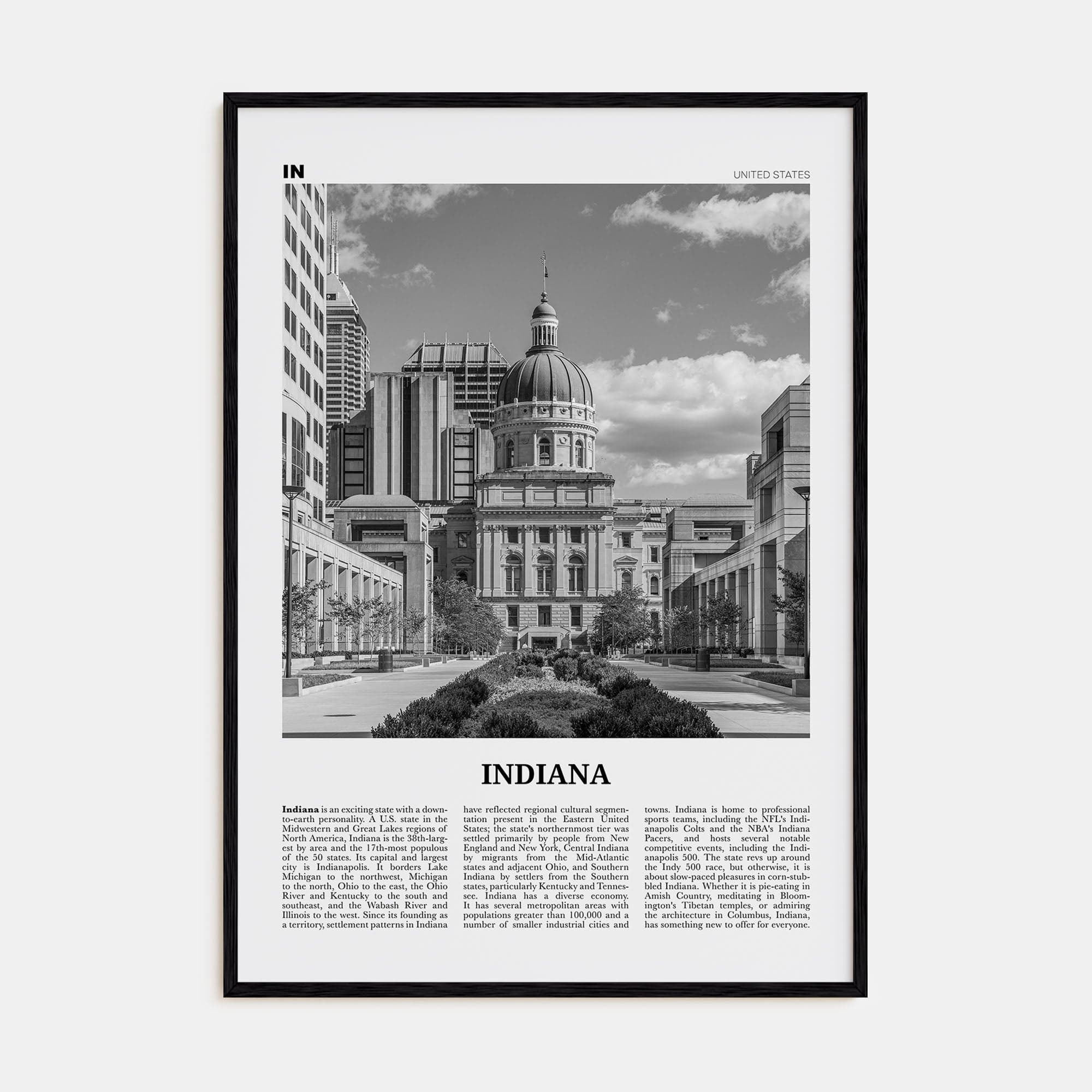 Indiana No 2 Poster Black Wood / 8x12 in Nbourhood Travel B&W Poster