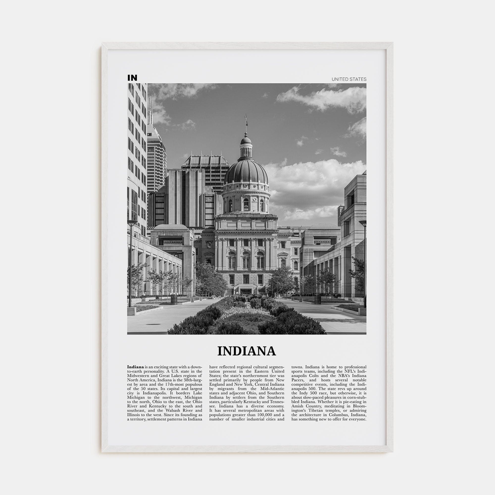 Indiana No 2 Poster White Wood / 8x12 in Nbourhood Travel B&W Poster