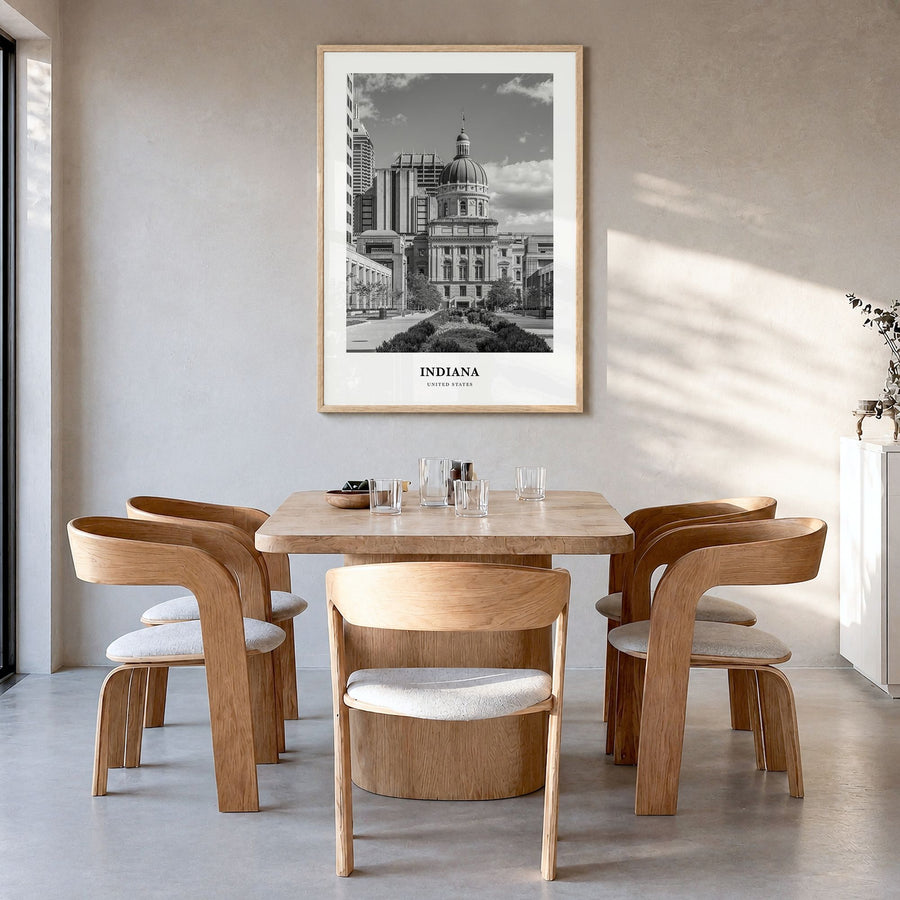 Indiana Classic Poster in a natural wood frame, hanging in a dining room