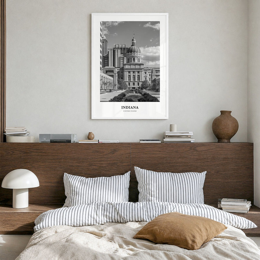 Indiana Classic Poster in a white wood frame, hanging in a bedroom