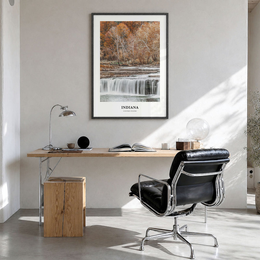 Indiana Classic Poster in a black wood frame, hanging in a bright home office