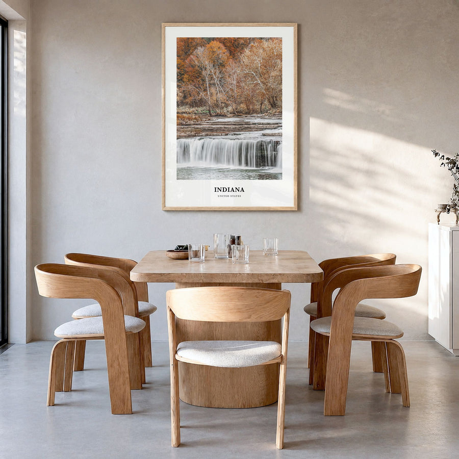 Indiana Classic Poster in a natural wood frame, hanging in a dining room
