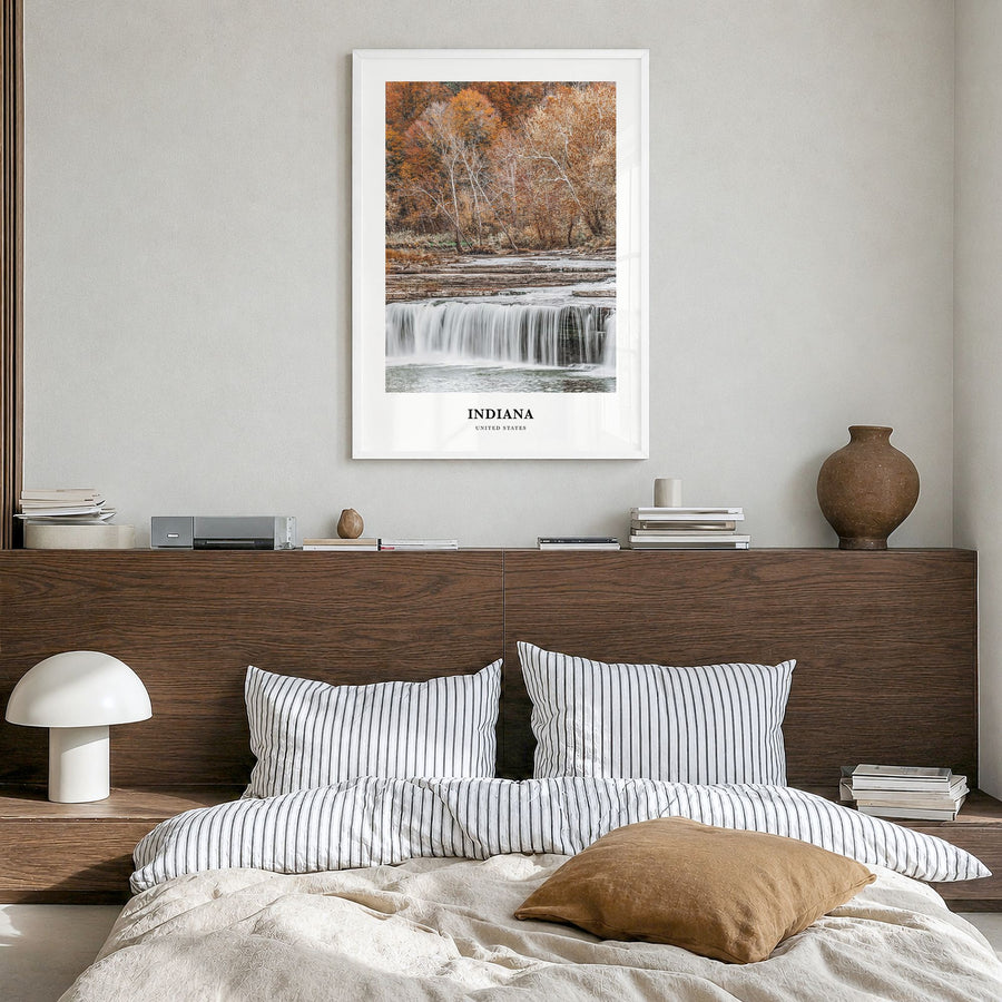 Indiana Classic Poster in a white wood frame, hanging in a bedroom