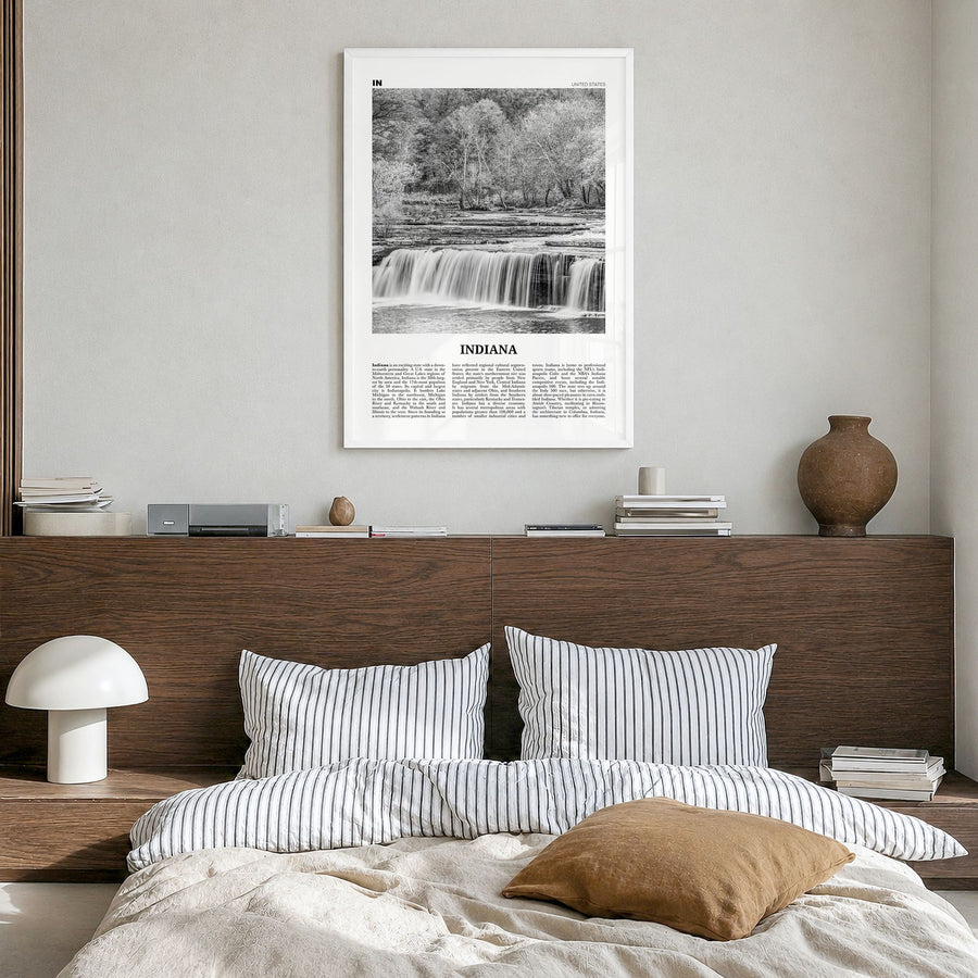 Indiana Newspaper No 1 Poster in a white wood frame, hanging in a bedroom
