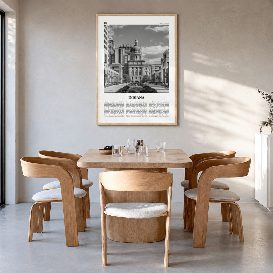 Indiana Newspaper No 2 Poster in a natural wood frame, hanging in a dining room