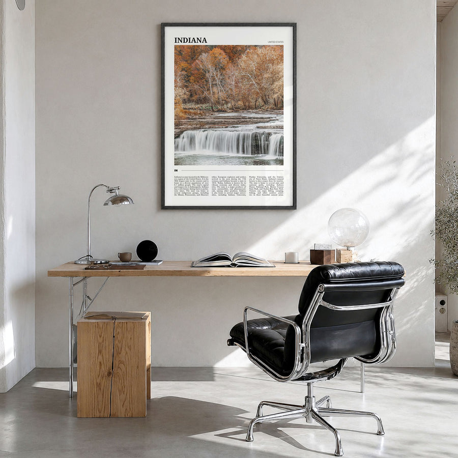 Indiana Travel Poster in a black wood frame, hanging in a bright home office