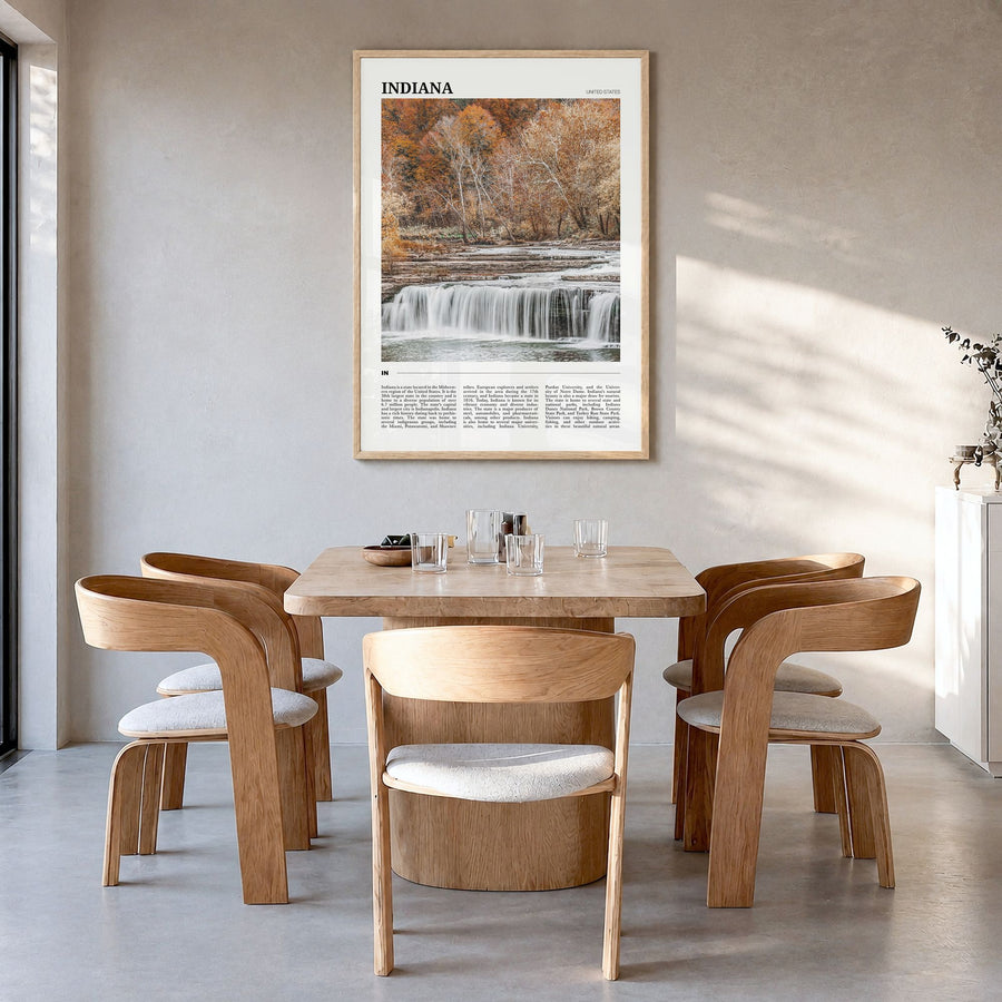Indiana Travel Poster in a natural wood frame, hanging in a dining room