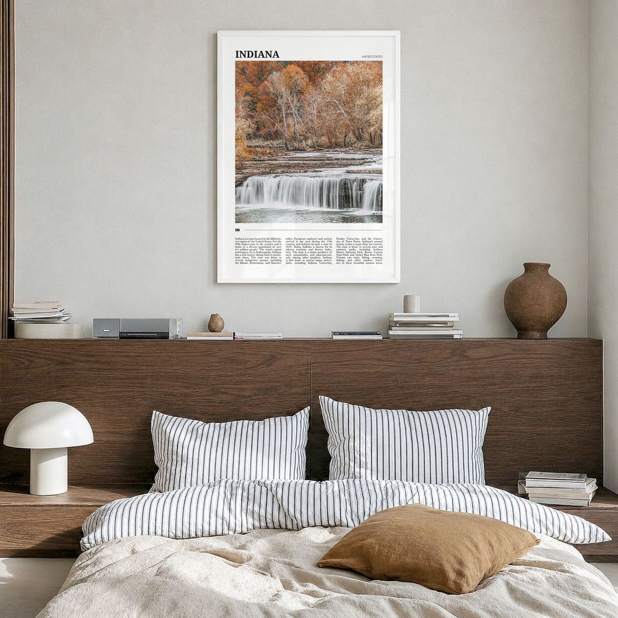 Indiana Travel Poster in a white wood frame, hanging in a bedroom