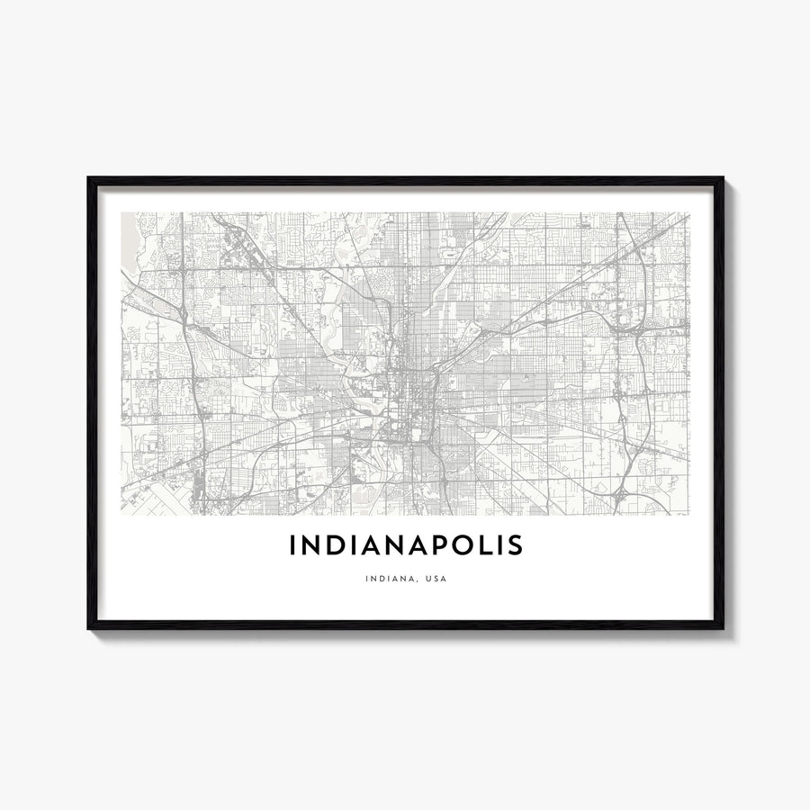 Indianapolis black & white map poster of Indiana, USA – horizontal wall art, unframed print shown in interior mockup