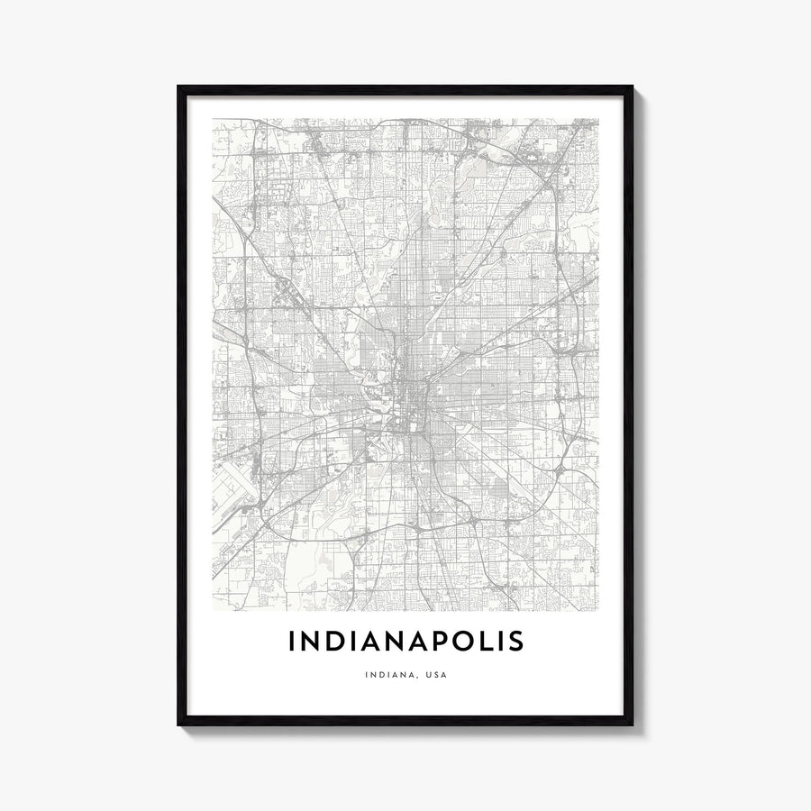 Indianapolis black & white map poster of Indiana, USA – vertical wall art, unframed print shown in interior mockup