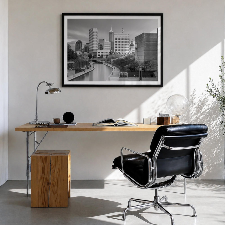 Indianapolis black & white photo poster of Indiana, USA – horizontal wall art in black wood frame with white border, hanging 