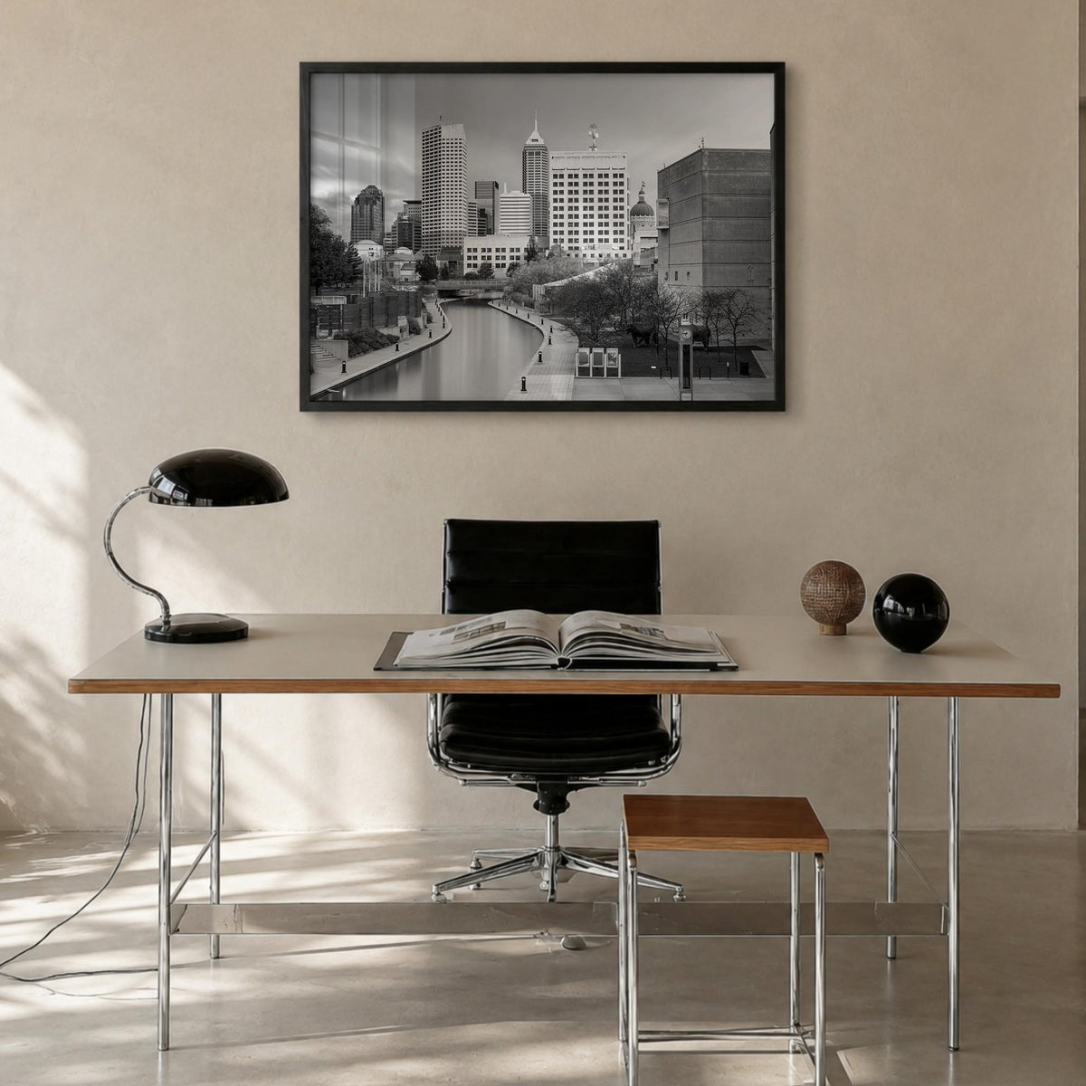 Indianapolis black & white photo poster of Indiana, USA – horizontal wall art in black wood frame, hanging on wall