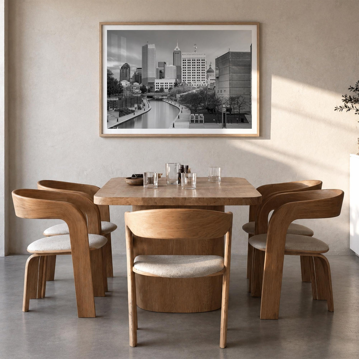 Indianapolis black & white photo poster of Indiana, USA – horizontal wall art in natural wood frame with white border, hangin
