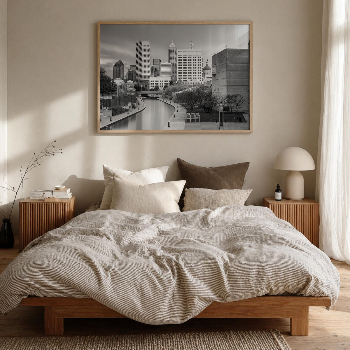 Indianapolis black & white photo poster of Indiana, USA – horizontal wall art in natural wood frame, hanging on wall