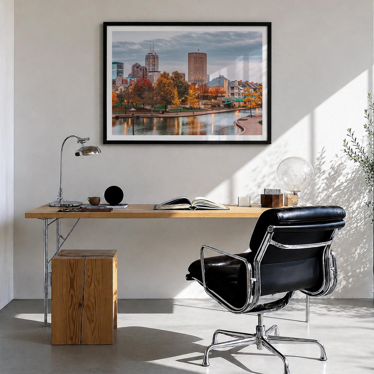 Indianapolis colorful photo poster of Indiana, USA – horizontal wall art in black wood frame with white border, hanging on wa